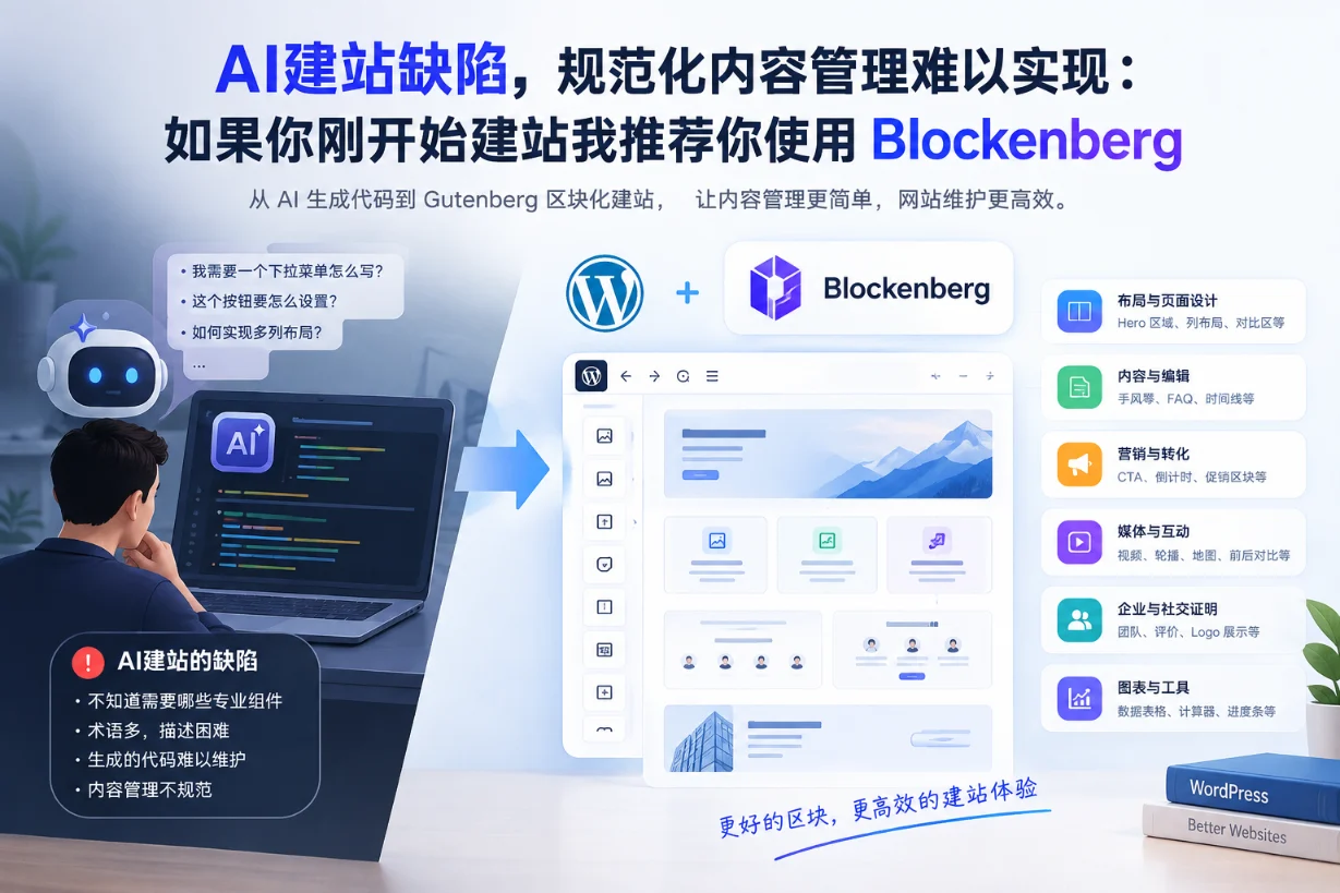AI建站缺陷，规范化内容管理难以实现：如果刚开始建站推荐使用Blockenberg